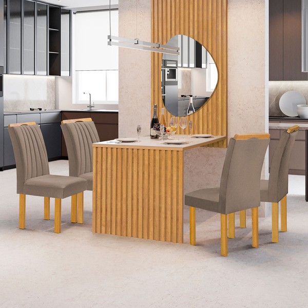 Mesa de Jantar 4 Lugares Bella Arizona com Vidro e Espelho Ripado Cinamomo/Off White/Bege Escuro - Cel Móveis