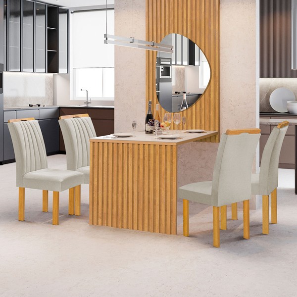 Mesa de Jantar 4 Lugares Bella Arizona com Vidro e Espelho Ripado Cinamomo/Off White/Bege Claro - Cel Móveis