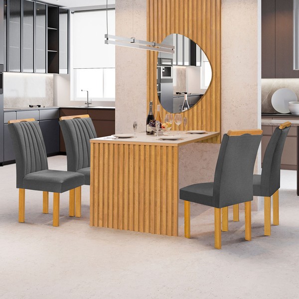 Mesa de Jantar 4 Lugares Bella Arizona com Vidro e Espelho Ripado Cinamomo/Off White/Cinza - Cel Móveis