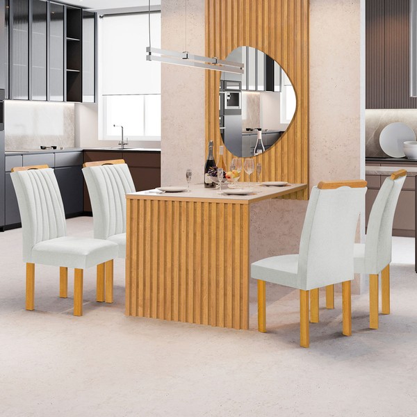 Mesa de Jantar 4 Lugares Bella Arizona com Vidro e Espelho Ripado Cinamomo/Off White/Boucle Gelo - Cel Móveis