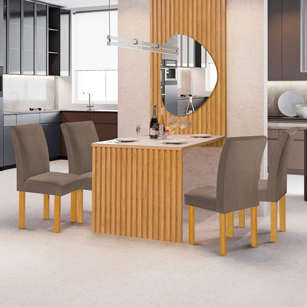 Mesa de Jantar 4 Lugares Bella/Canela com Vidro e Espelho Ripado Cinamomo/Off White/Veludo Bege Escuro - Cel Móveis