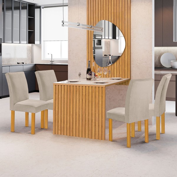 Mesa de Jantar 4 Lugares Bella/Canela com Vidro e Espelho Ripado Cinamomo/Off White/Boucle Bege - Cel Móveis