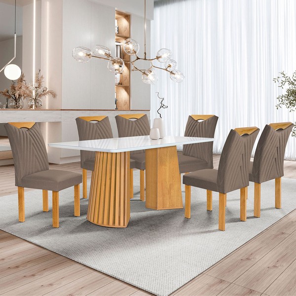 Mesa de Jantar 6 Lugares Stella com Vidro Ripado Cinamomo/Off White/Bege Escuro - Cel Móveis