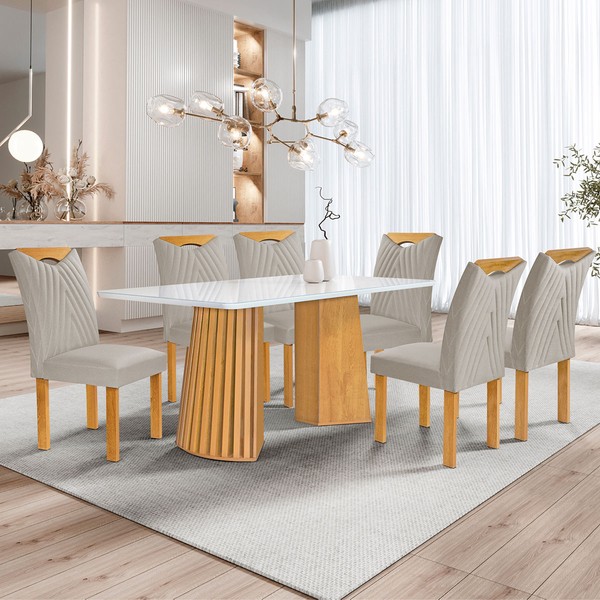 Mesa de Jantar 6 Lugares Stella com Vidro Ripado Cinamomo/Off White/Bege Claro - Cel Móveis