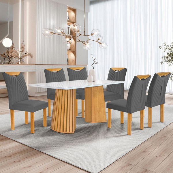Mesa de Jantar 6 Lugares Stella com Vidro Ripado Cinamomo/Off White/Cinza - Cel Móveis