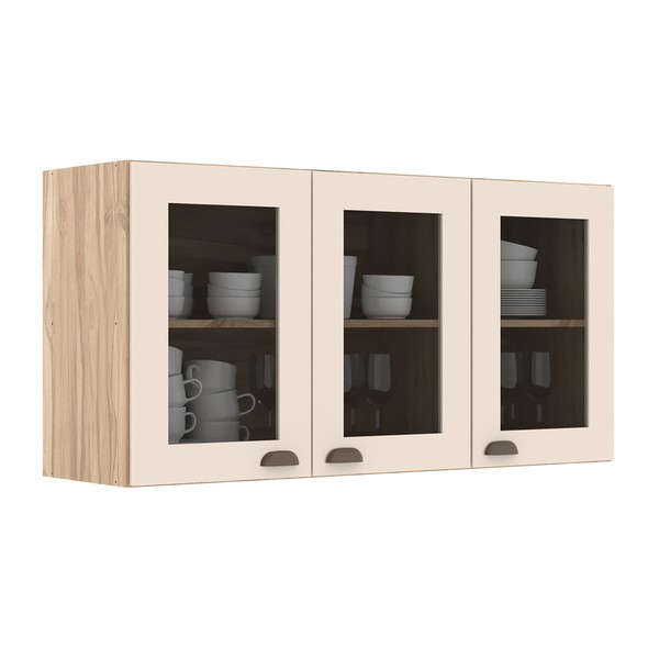 Armário de Cozinha Aéreo 3 Portas com Vidro Carvalho Oak/Cristalo - Decibal