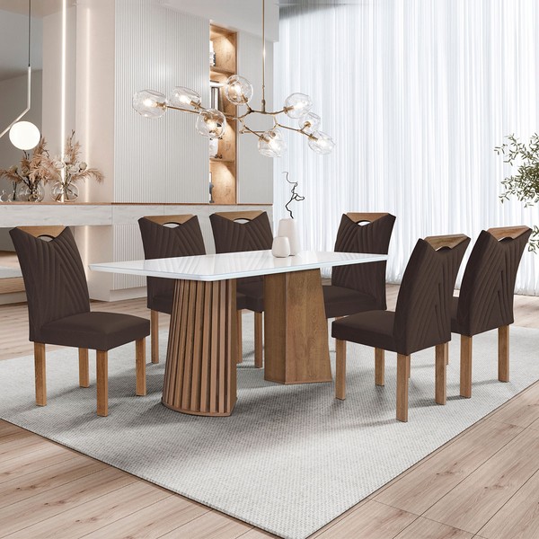 Mesa de Jantar 6 Lugares Stella com Vidro Ripado Chocolate/Off White/Marrom - Cel Móveis