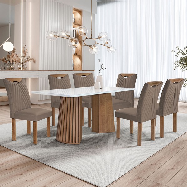 Mesa de Jantar 6 Lugares Stella com Vidro Ripado Chocolate/Off White/Bege Escuro - Cel Móveis