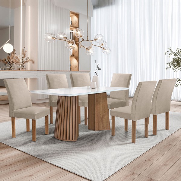 Mesa de Jantar 6 Lugares Stella Canela com Vidro Ripado Chocolate/Off White/Boucle Bege - Cel Móveis
