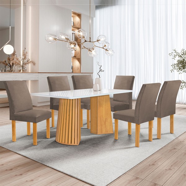 Mesa de Jantar 6 Lugares Stella Canela com Vidro Ripado Cinamomo/Off White/Bege Escuro - Cel Móveis