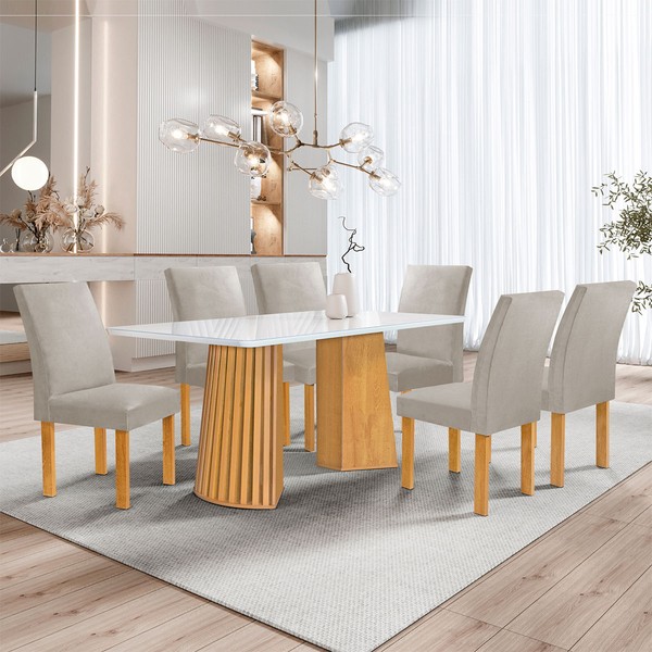 Mesa de Jantar 6 Lugares Stella Canela com Vidro Ripado Cinamomo/Off White/Bege Claro - Cel Móveis