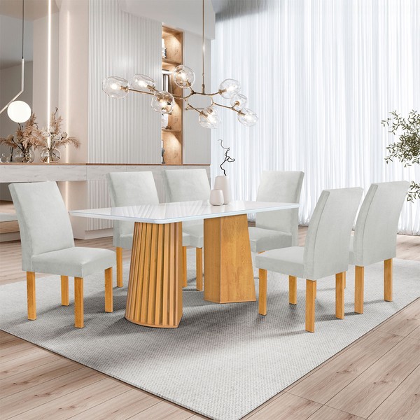 Mesa de Jantar 6 Lugares Stella Canela com Vidro Ripado Cinamomo/Off White/Boucle Gelo - Cel Móveis