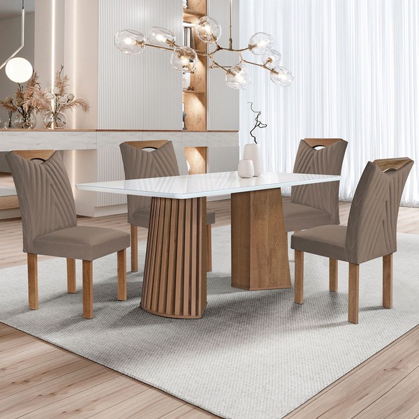 Mesa de Jantar 4 Lugares Stella com Vidro Ripado Chocolate/Off White/Bege Escuro - Cel Móveis