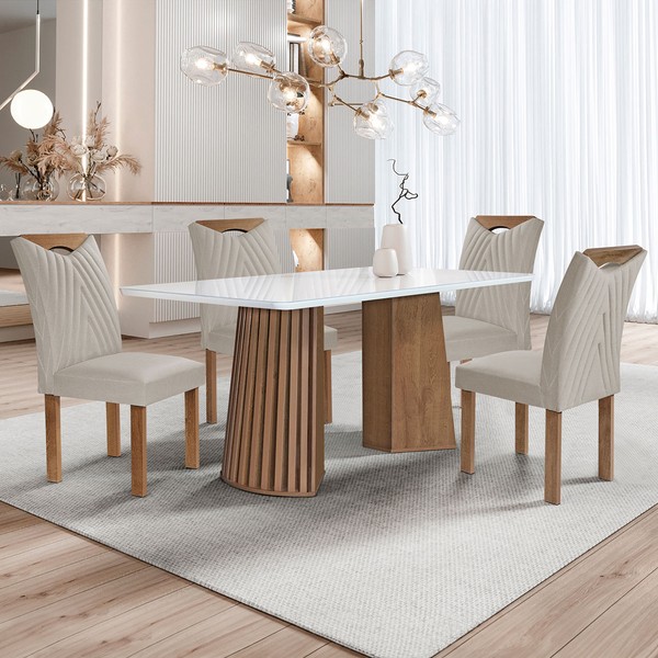Mesa de Jantar 4 Lugares Stella com Vidro Ripado Chocolate/Off White/Bege Claro - Cel Móveis