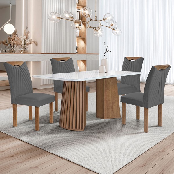 Mesa de Jantar 4 Lugares Stella com Vidro Ripado Chocolate/Off White/Cinza - Cel Móveis