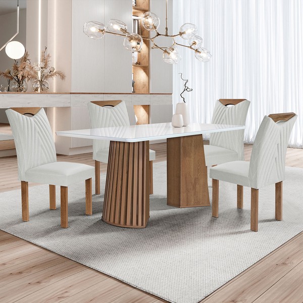 Mesa de Jantar 4 Lugares Stella com Vidro Ripado Chocolate/Off White/Boucle Gelo - Cel Móveis