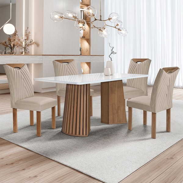 Mesa de Jantar 4 Lugares Stella com Vidro Ripado Chocolate/Off White/Boucle Bege - Cel Móveis