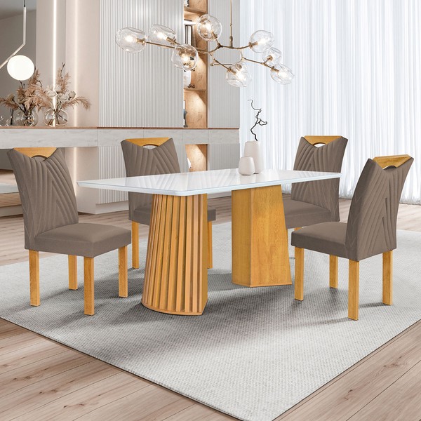 Mesa de Jantar 4 Lugares Stella com Vidro Ripado Cinamomo/Off White/Bege Escuro - Cel Móveis
