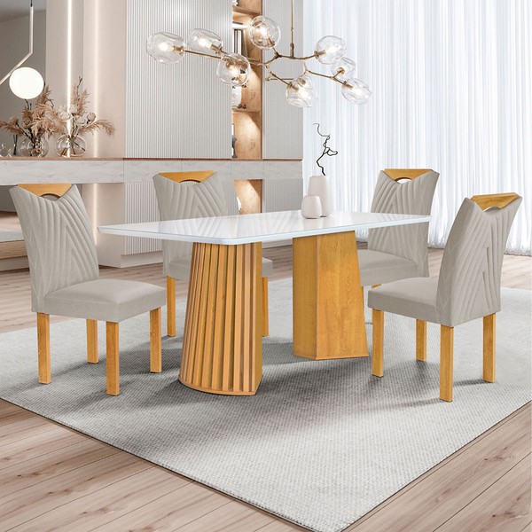 Mesa de Jantar 4 Lugares Stella com Vidro Ripado Cinamomo/Off White/Bege Claro - Cel Móveis