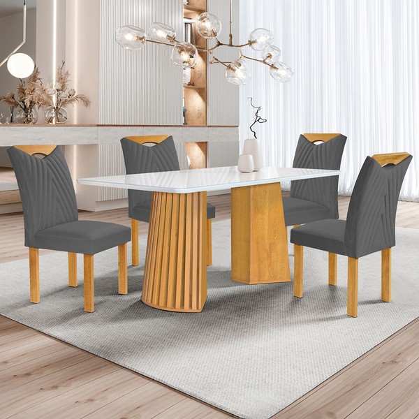 Mesa de Jantar 4 Lugares Stella com Vidro Ripado Cinamomo/Off White/Cinza - Cel Móveis