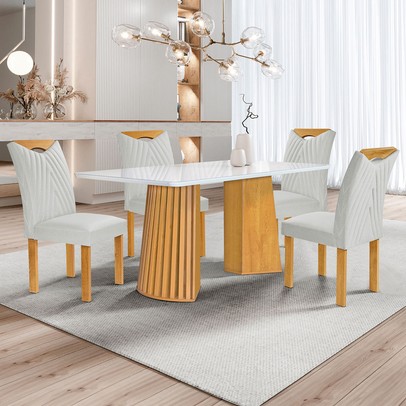 Mesa de Jantar 4 Lugares Stella com Vidro Ripado Cinamomo/Off White/Boucle Gelo - Cel Móveis