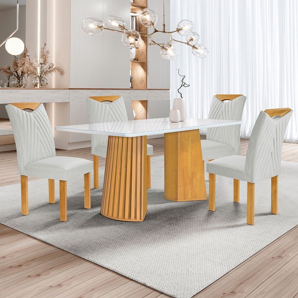 Mesa de Jantar 4 Lugares Stella com Vidro Ripado Cinamomo/Off White/Boucle Gelo - Cel Móveis