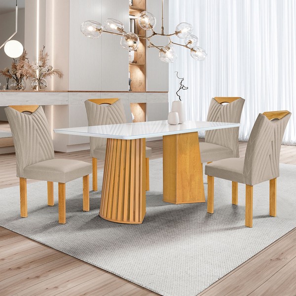 Mesa de Jantar 4 Lugares Stella com Vidro Ripado Cinamomo/Off White/Boucle Bege  - Cel Móveis