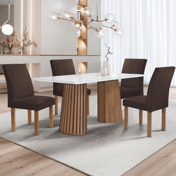 Mesa de Jantar 4 Lugares Stella Canela com Vidro Ripado Chocolate/Off White/Marrom - Cel Móveis