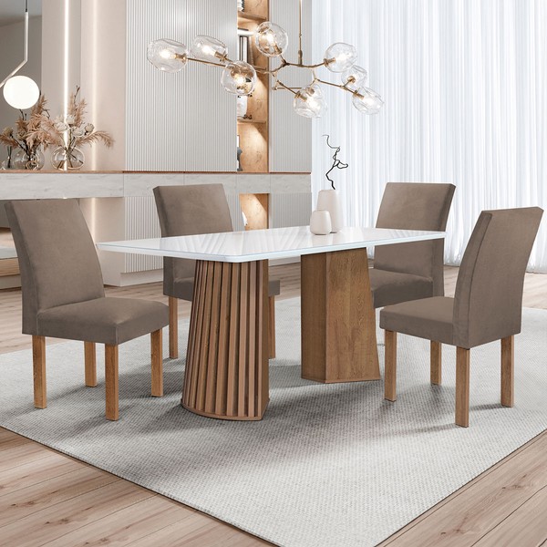 Mesa de Jantar 4 Lugares Stella Canela com Vidro Ripado Chocolate/Off White/Bege Escuro - Cel Móveis