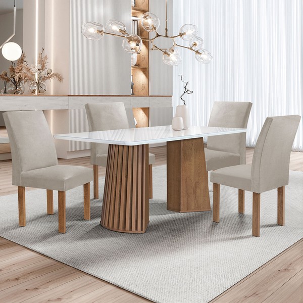 Mesa de Jantar 4 Lugares Stella Canela com Vidro Ripado Chocolate/Off White/Bege Claro - Cel Móveis