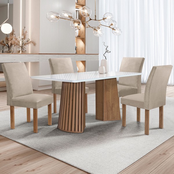 Mesa de Jantar 4 Lugares Stella Canela com Vidro Ripado Chocolate/Off White/Boucle Bege  - Cel Móveis