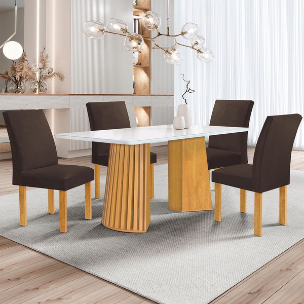 Mesa de Jantar 4 Lugares Stella Canela com Vidro Ripado Cinamomo/Off White/Marrom  - Cel Móveis