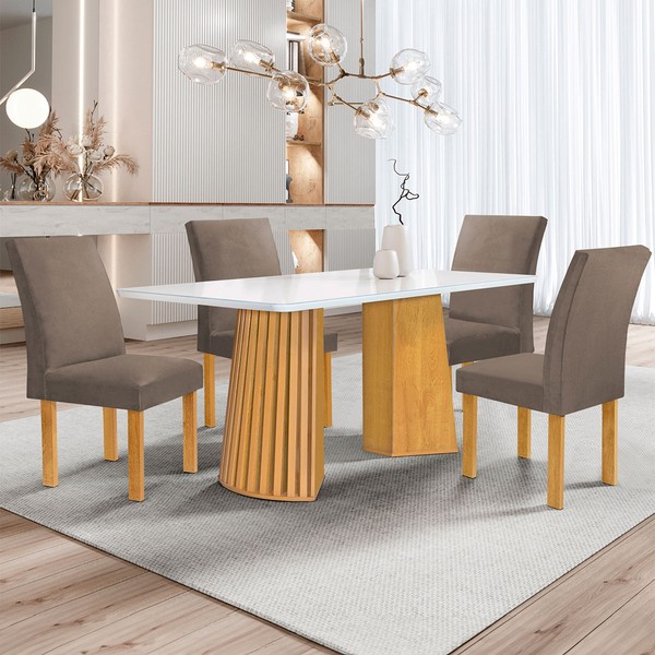 Mesa de Jantar 4 Lugares Stella Canela com Vidro Ripado Cinamomo/Off White/Bege Escuro - Cel Móveis