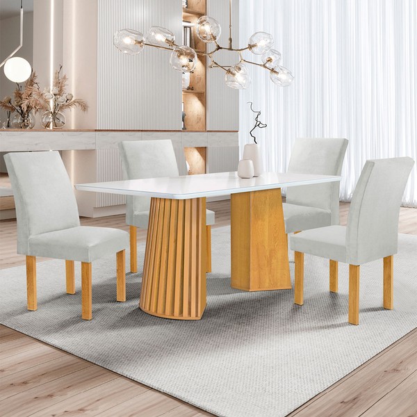 Mesa de Jantar 4 Lugares Stella Canela com Vidro Ripado Cinamomo/Off White/Boucle Gelo - Cel Móveis