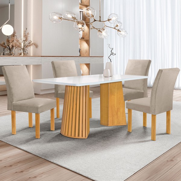 Mesa de Jantar 4 Lugares Stella Canela com Vidro Ripado Cinamomo/Off White/Boucle  - Cel Móveis