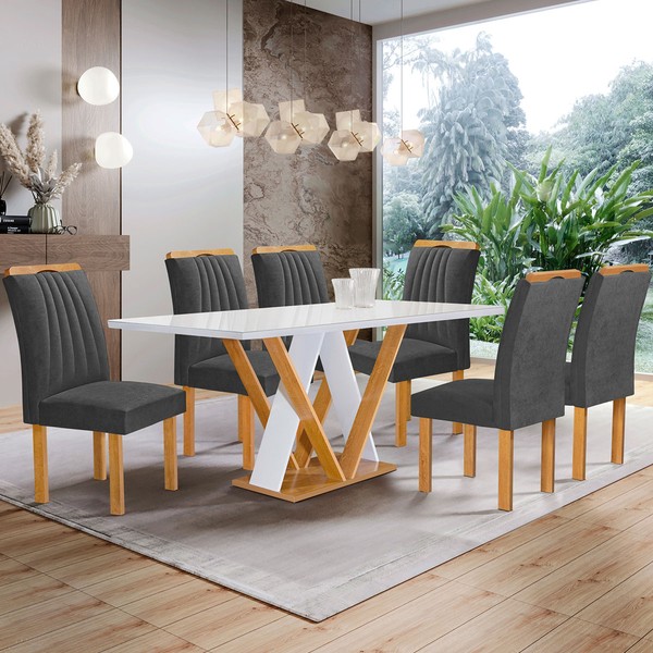 Mesa de Jantar 6 Lugares Manuela Arizona com Vidro Cinamomo/Off White/Boucle Cinza - Cel Móveis