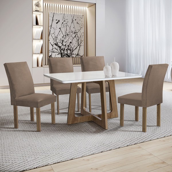 Mesa de Jantar 4 Lugares Arizona Canela com Vidro Chocolate/Off White/Bege Escuro 20766 - Cel Móveis