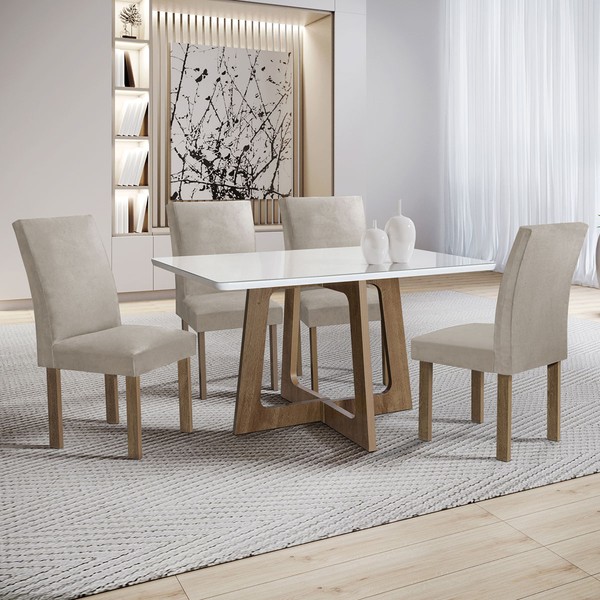 Mesa de Jantar 4 Lugares Arizona Canela com Vidro Chocolate/Off White/Bege Claro 20766 - Cel Móveis