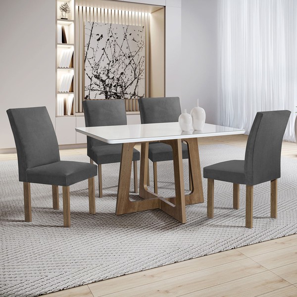 Mesa de Jantar 4 Lugares Arizona Canela com Vidro Chocolate/Off White/Cinza 20766 - Cel Móveis