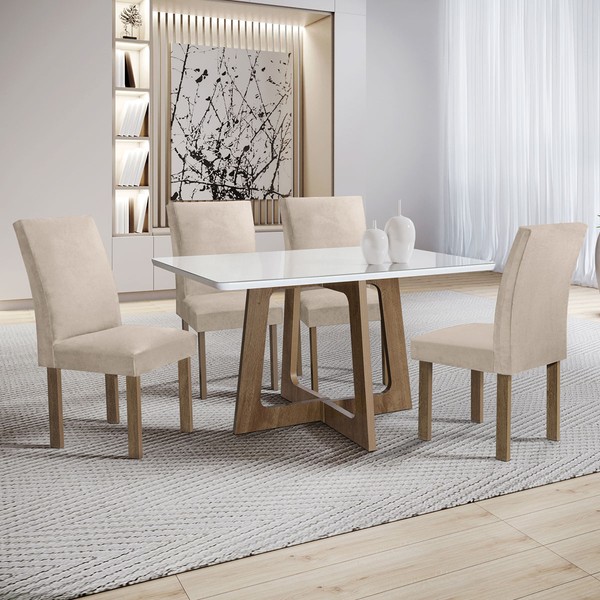 Mesa de Jantar 4 Lugares Arizona Canela com Vidro Chocolate/Off White/Boucle Bege 20766 - Cel Móveis