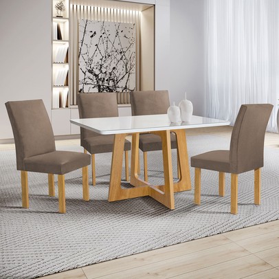 Mesa de Jantar 4 Lugares Arizona Canela com Vidro Cinamomo/Off White/Bege Escuro 20766 - Cel Móveis