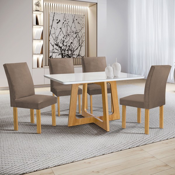 Mesa de Jantar 4 Lugares Arizona Canela com Vidro Cinamomo/Off White/Bege Escuro 20766 - Cel Móveis