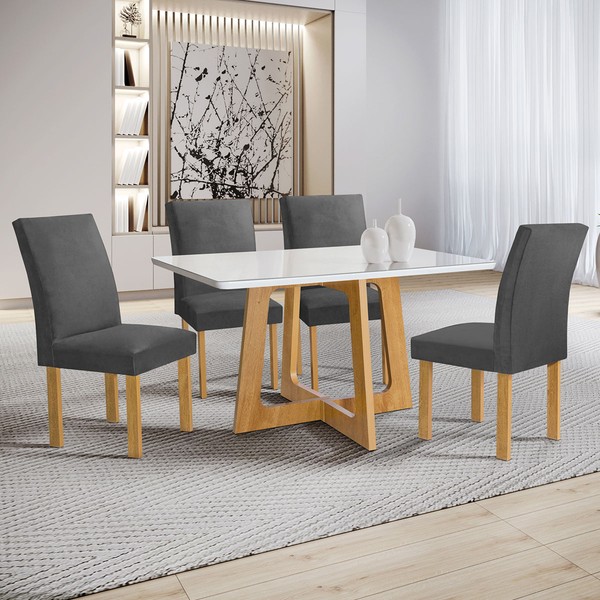 Mesa de Jantar 4 Lugares Arizona Canela com Vidro Cinamomo/Off White/Cinza 20766 - Cel Móveis
