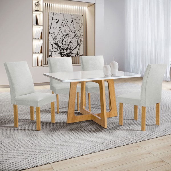 Mesa de Jantar 4 Lugares Arizona Canela com Vidro Cinamomo/Off White/Boucle Gelo 20766 - Cel Móveis
