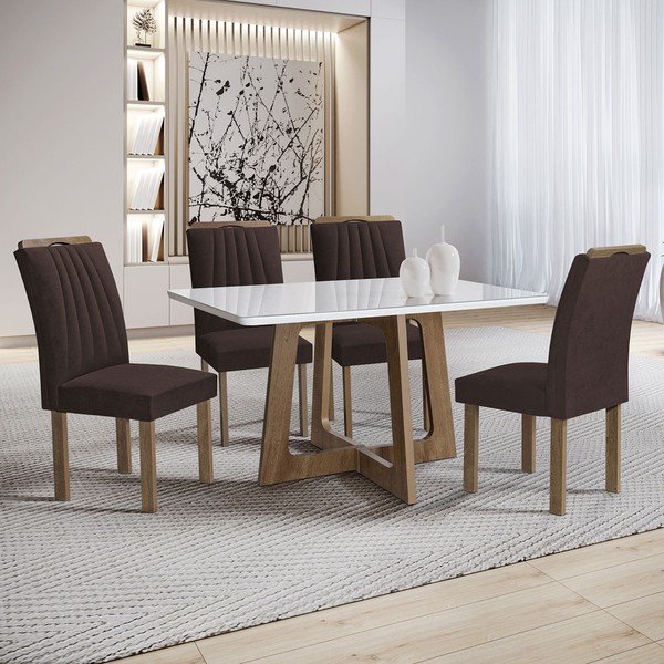 Mesa de Jantar 4 Lugares Arizona com Vidro Chocolate/Off White/Marrom 20767 - Cel Móveis