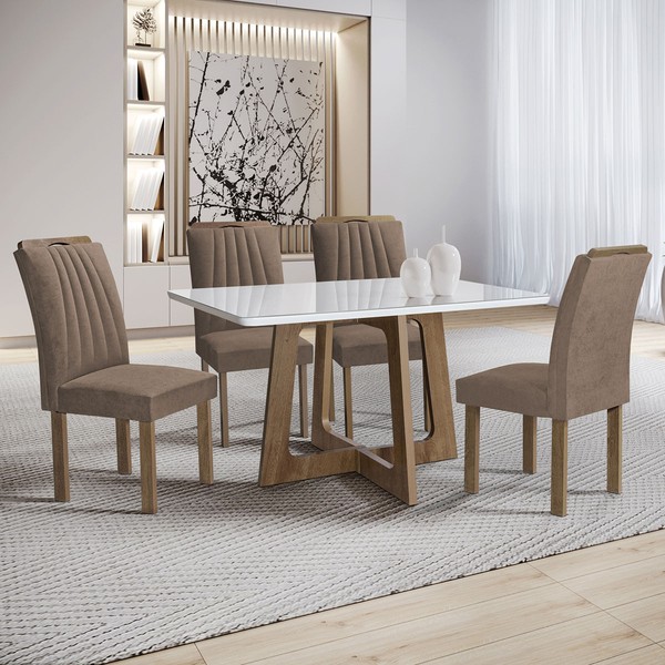 Mesa de Jantar 4 Lugares Arizona com Vidro  Chocolate/Off White/Bege Escuro 20767 - Cel Móveis
