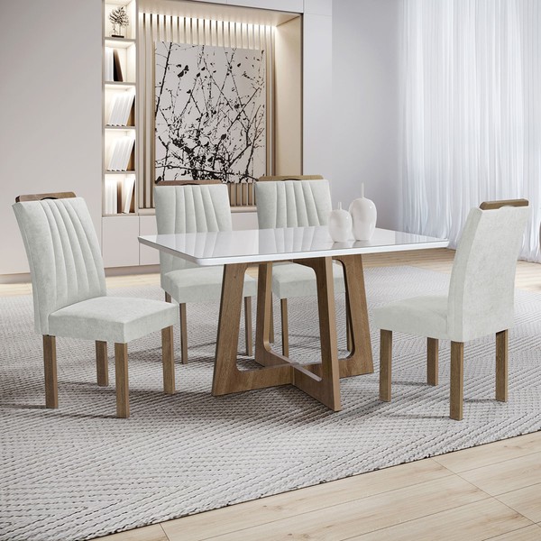 Mesa de Jantar 4 Lugares Arizona com Vidro Chocolate/Off White/Boucle Gelo 20767 - Cel Móveis