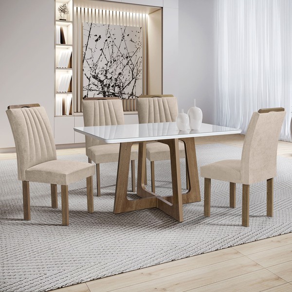 Mesa de Jantar 4 Lugares Arizona com Vidro Chocolate/Off White/Boucle Bege 20767 - Cel Móveis