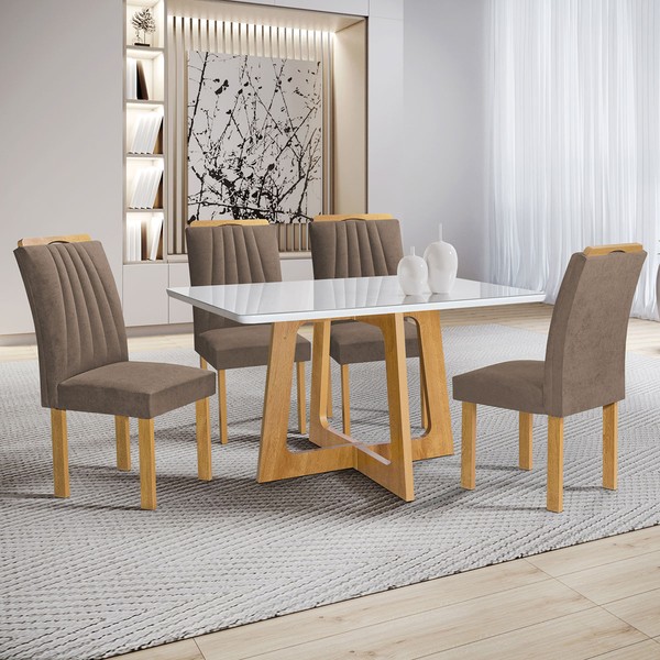Mesa de Jantar 4 Lugares Arizona com Vidro  Cinamomo/Off White/Bege Escuro 20767 - Cel Móveis