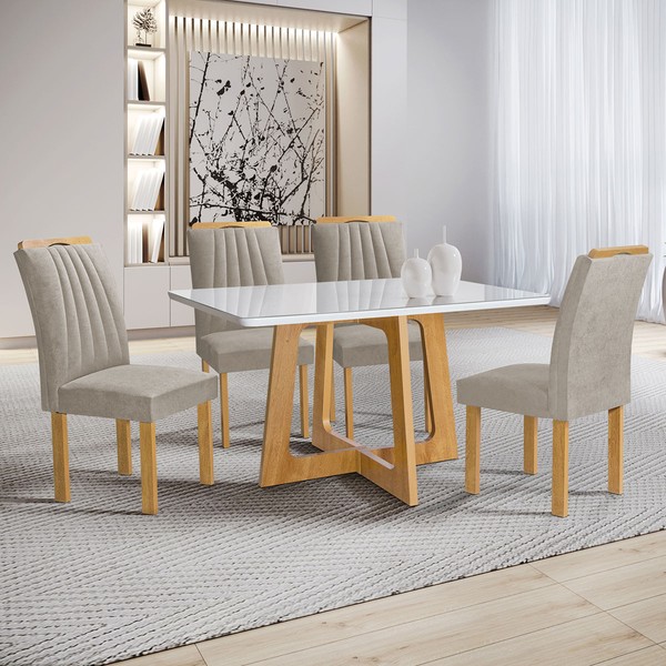 Mesa de Jantar 4 Lugares Arizona com Vidro  Cinamomo/Off White/Bege Claro 20767 - Cel Móveis